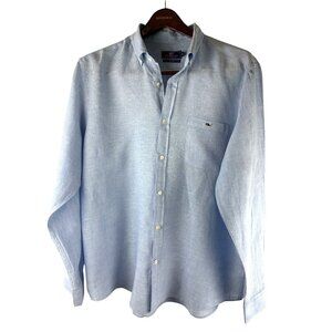 Preppy Classic Blue Linen Logo Vinyard Vines Classic Fit Tucker Shirt, Men's XL